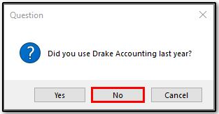 Image of the did you use Drake Accounting last year pop up.